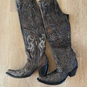 Corral C3926 BLACK GLITTER OVERLAY EMBROIDERY BROWN Tall cowboy boot  size 10